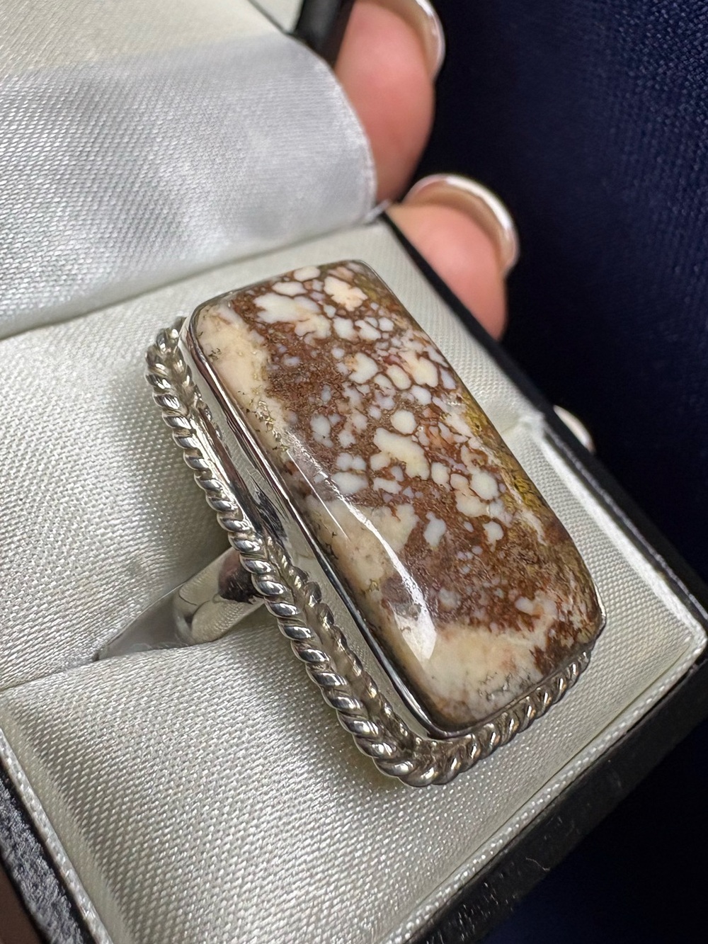 Ring Sterling Silver Gembone Agate Fossil  Statement Ring